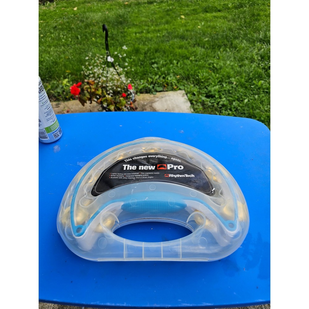 Rhythm Tech Pro Tambourine White Blue Brass Jingles with Case RT1010